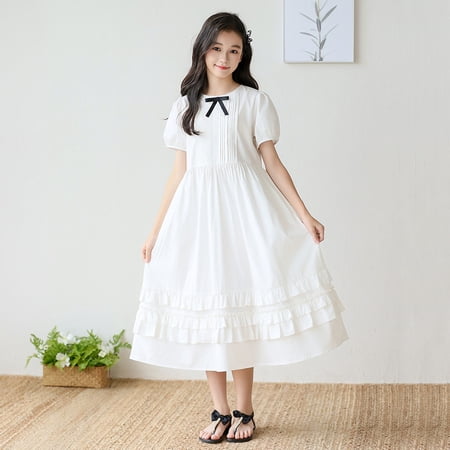 Spazoro Girls Midi Dresses A-Line Crew Neck Solid Short Sleeve Casual Summer Dresses for Girls White Size 13