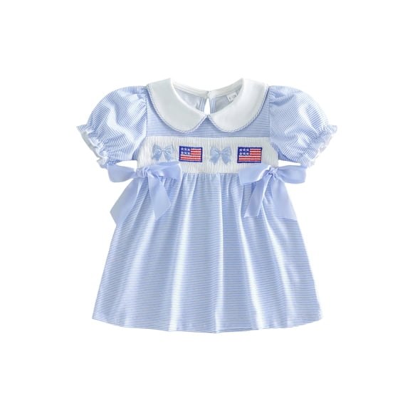 BemeyourBBs Toddler Baby Girls 4th of July Dress Outfit Patriot Independent Day Dress Summer Clothes American Flag Bow Embroidery Short Sleeve Doll Collar Striped Dress Baby Fourth of July Outfit