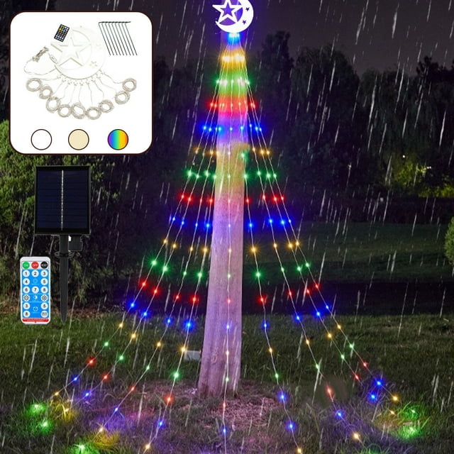 Blaxill Solar Christmas Tree Lights with Remote Control | Waterproof Outdoor String Lights for Patio Garden Decoration | 9 Strings 10ft Each with Star Topper | 8 Lighting Modes White Yellow