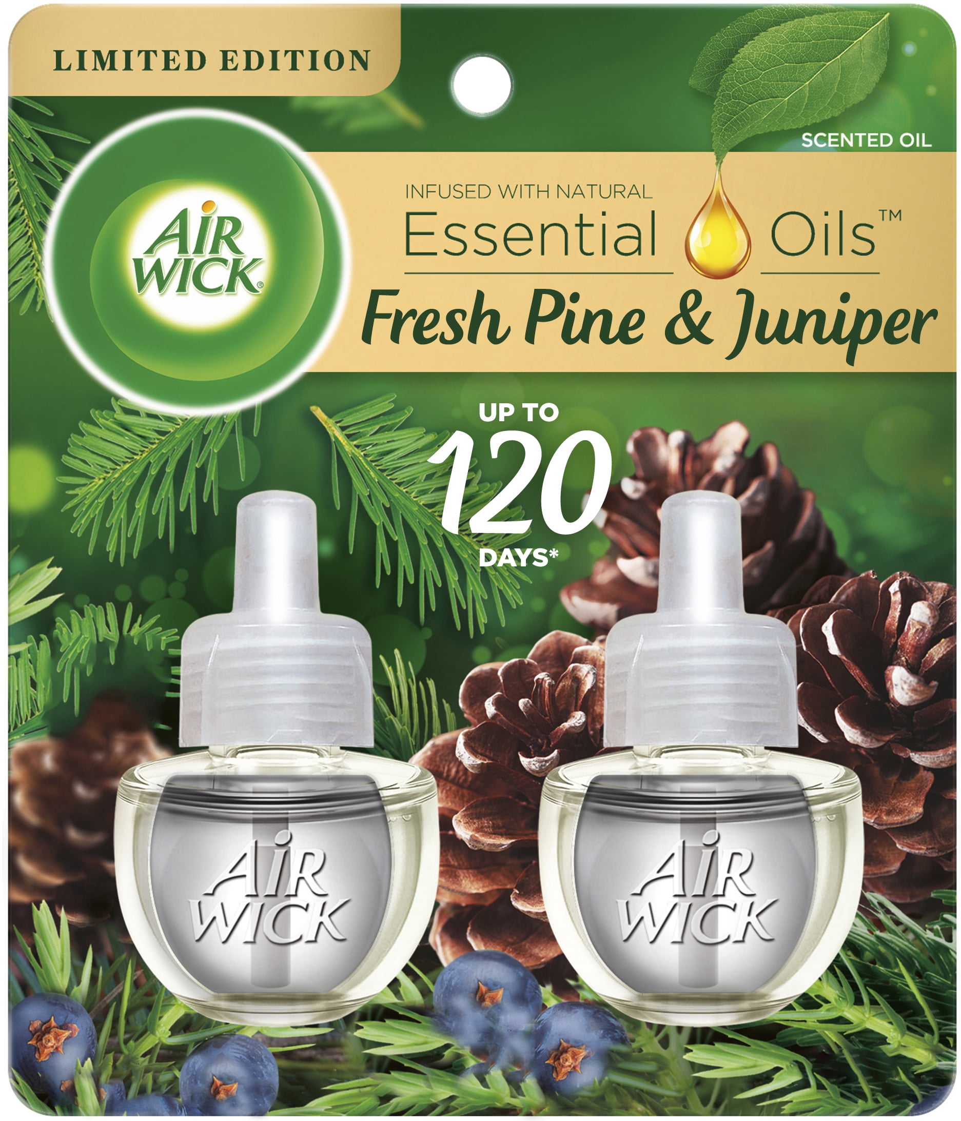 Air Wick Plug in Scented Oil Refill, 2 ct, Fresh Pine and Juniper, Air Freshener, Essential Oils, Fall Scent, Fall decor