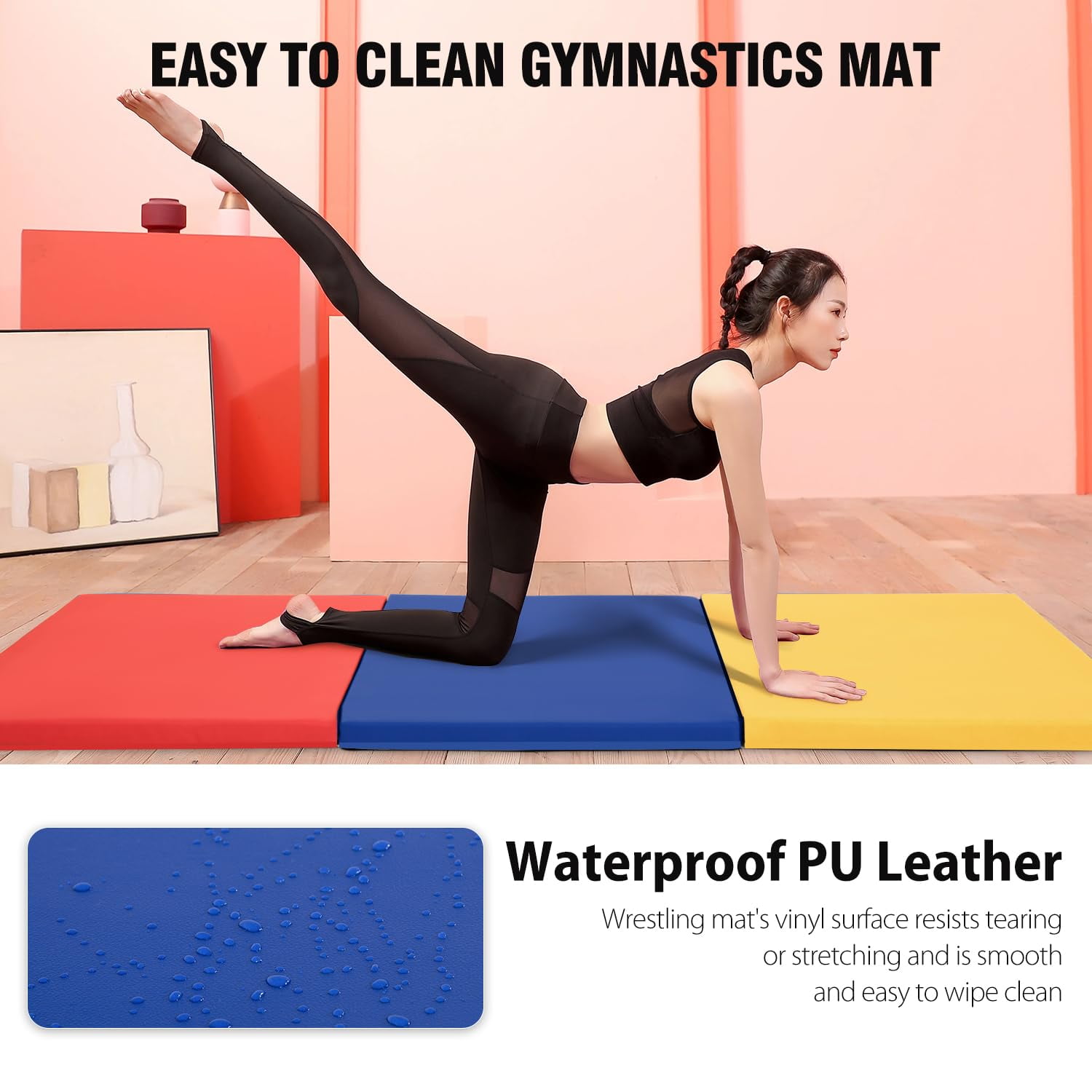 NiamVelo 6'x2'x1.5" Gymnastics Mat Folding Tumbling Mats 3-Fold Gymnastics Equipment PU Leather Exercise Mat Yoga Mat with Carrying Handles for Home Workout Outdoor, CM