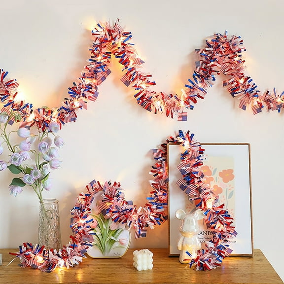 JingChun 4th of July Patriotic Decorations, Red White and Blue Garland with Led Copper Fairy Lights, Tinsel Garland National Independence Day Decor Party Home Indoor
