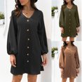 thumbnail image 1 of Gspmoly Robes pour Femmes Grande Taille, Mode Décontractée Robe pour Femmes à Col en V Ample de Couleur Unie Aguichant à Manches Longues à Manches Lanterne avec Boutons Robes de Cocktail Aubaines, 1 of 1