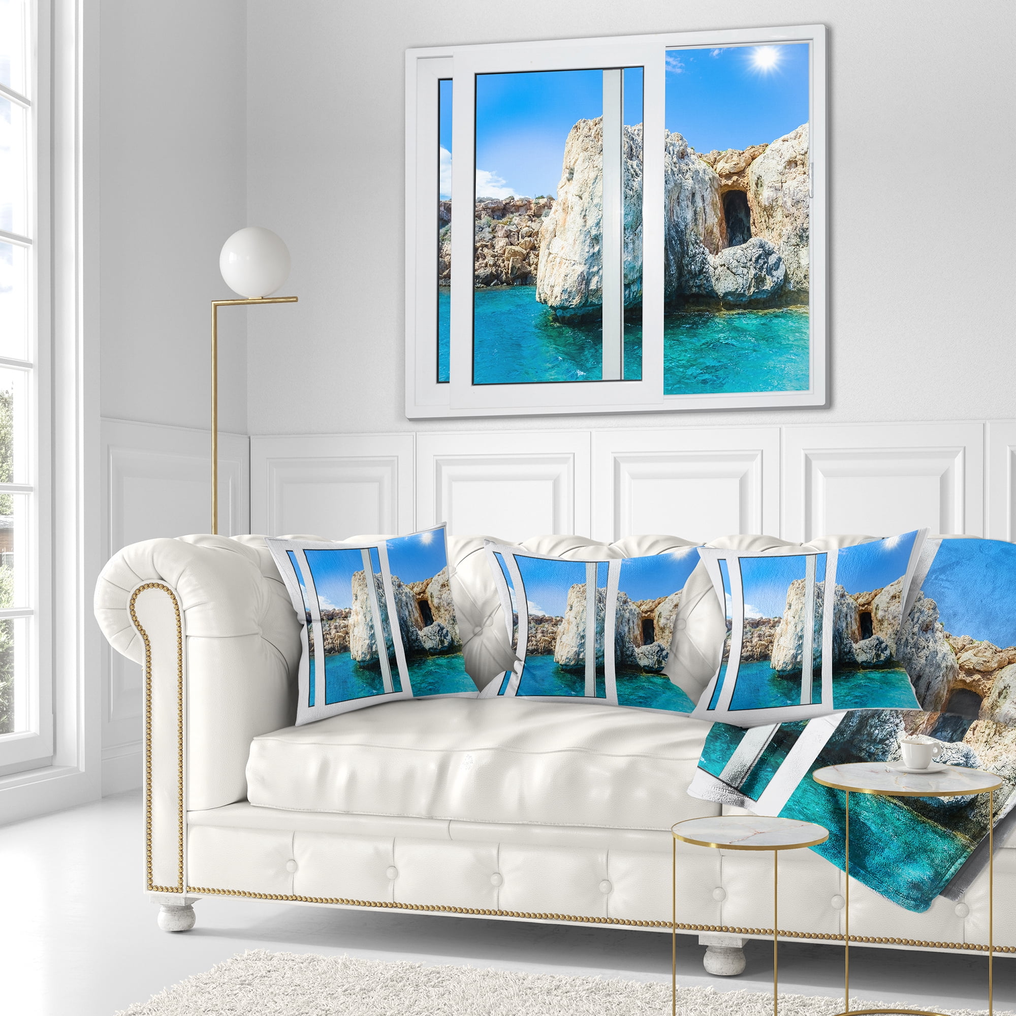 Designart Open Window to Rocky Sunny Ocean - Seashore Throw Pillow - 16x16