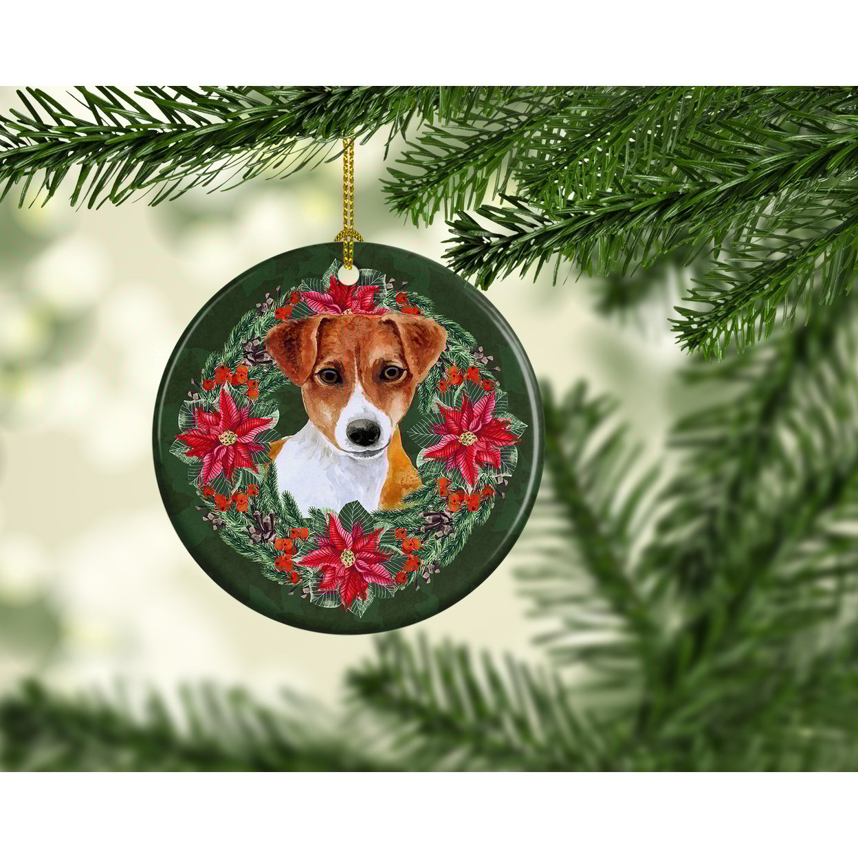 thumbnail image 2 of Jack Russell Terrier Poinsetta Wreath Ceramic Ornament 2.8 in x 2.8 in, 2 of 3