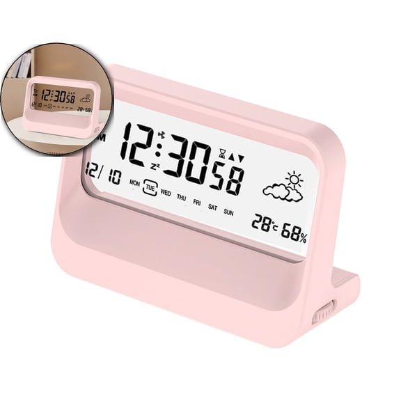 DESIGNICE Transparent Digital Alarm Clock with Temperature & Humidity Display – Led Desktop Clock with 12/24H Timer, Week, Date, Silent Fan Indicator Table Clock