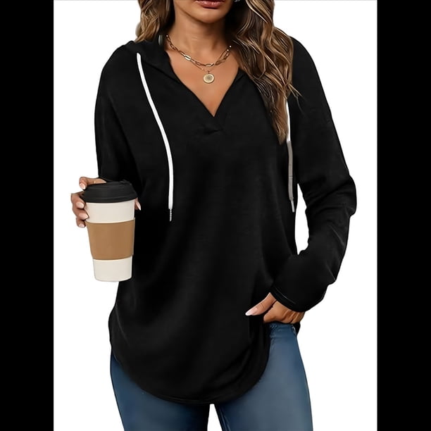 Sudadera con Capucha y Cordón para Mujer, Suéter Holgado de Larga, Talla Grande Negro S