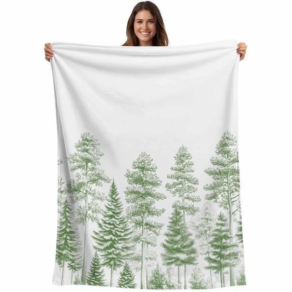 Flannel Fleece Throw Blanket Green Pine Tree Sketch Forest Art Lightweight Soft Plush Blankets,Country Trees on White Cozy Warm Throw Blanket for Couch Sofa Bed Car Office All Season Use 40x50in