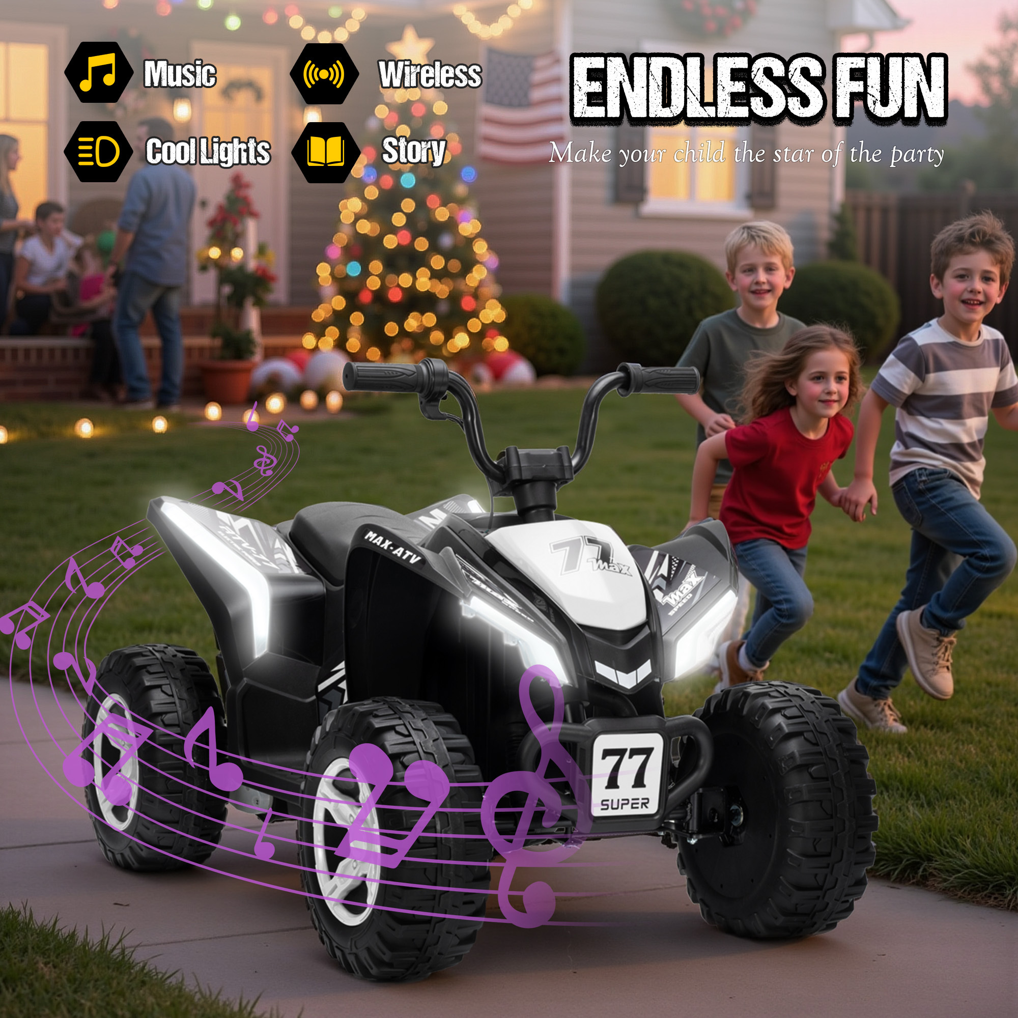 Kids ATV 4 Wheeler, Two Seater 24V Ride On Toy for Big Kid w/Unique LED Light, Music, Wireless, Story, 24 Volt Ride on Car Electric Quad for Boys Girls, White