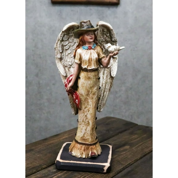 Rustic Western Cowgirl Angel Wearing Cowboy Hat With Dove In Her Hand Figurine