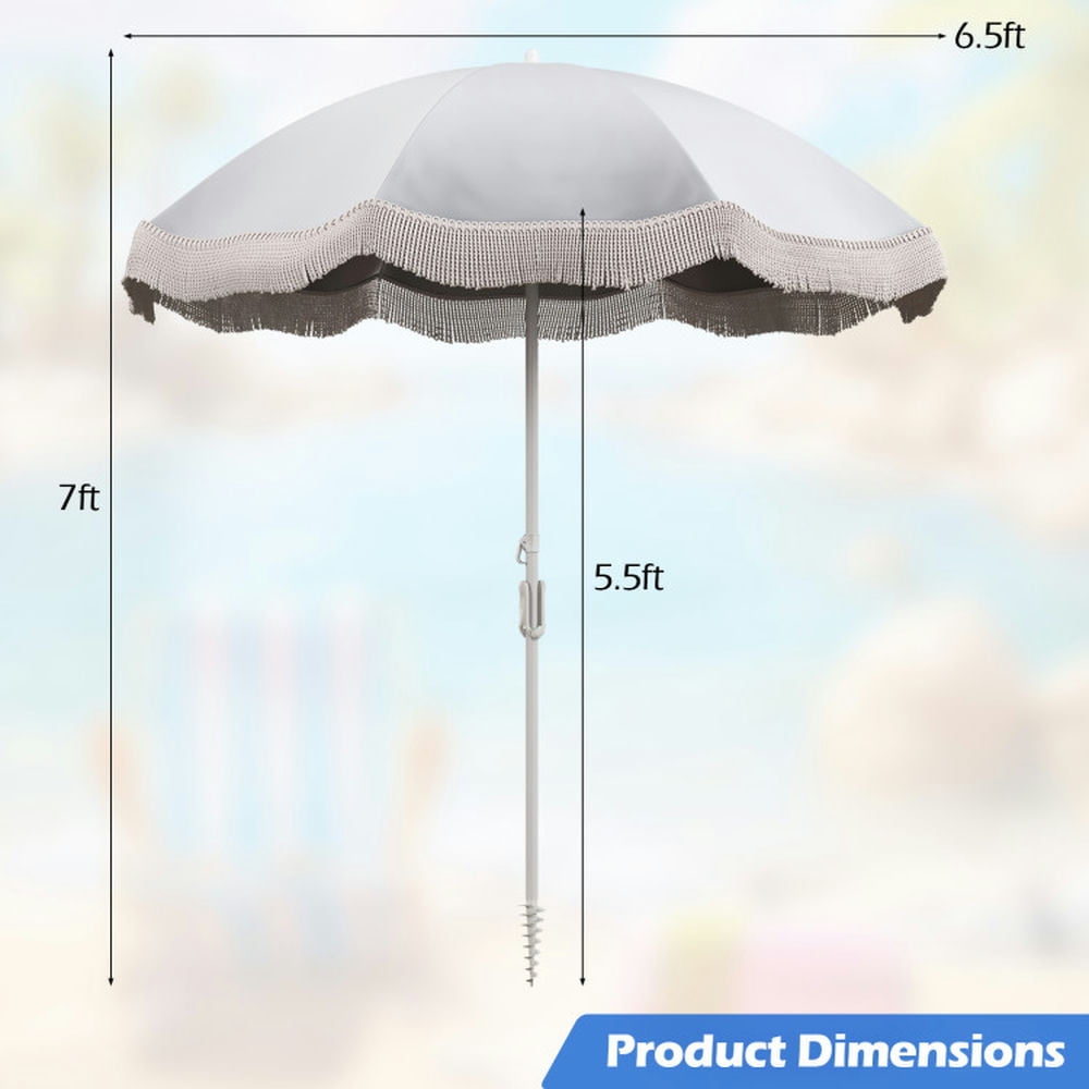 Aimee Lii 6.5 FT Beach Umbrella with Fringe Outdoor Tassel Umbrella with Push Button Tilt, Patio Umbrella, Outdoor Market Umbrella-White