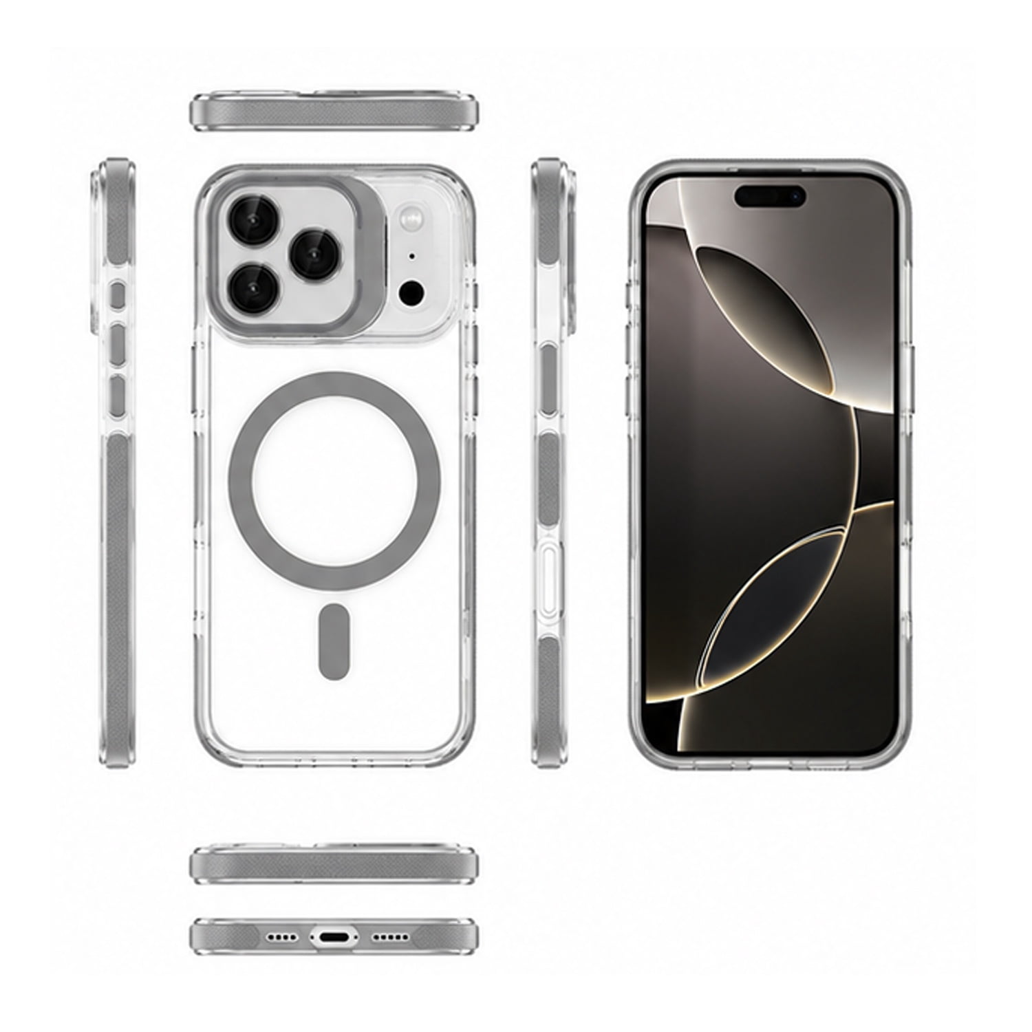 Thin Magnetic Clear Protective Cover with Camera Ring Stand for iPhone 17 Pro Max - Grey