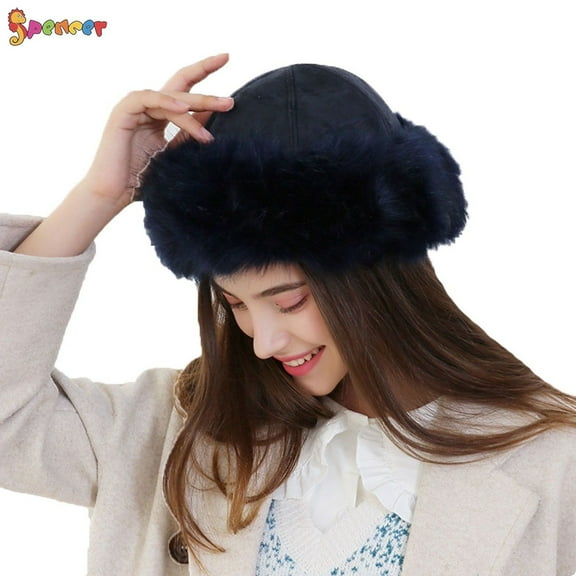 Spencer Women's Faux Fur Hats Solid Color Fluffy Bucket Hat Winter Ear Warmer Ski Cap (Black)