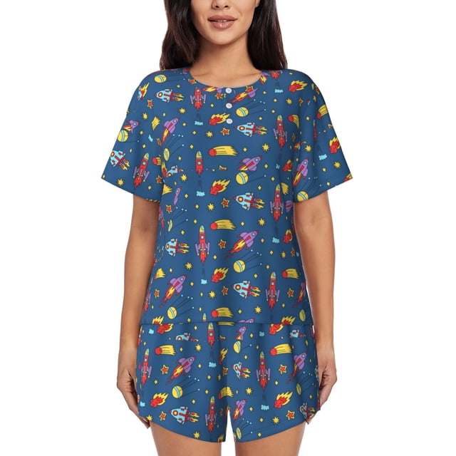 Balery Cosmos Rockets Conjunto de Pijama para Mujer con Estampado, Dos Piezas de Manga Corta y Shorts, Ropa de Dormir Suave con Cuello Redondo y Bolsillos-Large