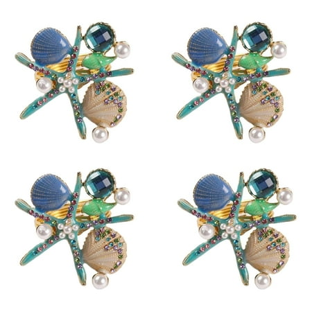

4Pcs Napkin Rings Pearl Rhinestone Ocean Nautical Napkin Ring Holders Napkin Buckle for Party Blue