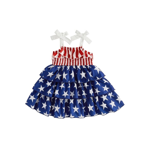 BemeyourBBs Toddler Baby Girl 4th of July Dress Outfit Little Baby Girl Patriot Independence Day Clothes Summer Smocked Dress Sleeveless Bow Shoulder Red White Blue Stars Stripes Party Holiday Dress