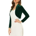 thumbnail image 4 of MODA NOVA Juniors Long Sleeve Open Front Velvet Cropped Bolero Shrug Cardigan Dark Green XS, 4 of 5