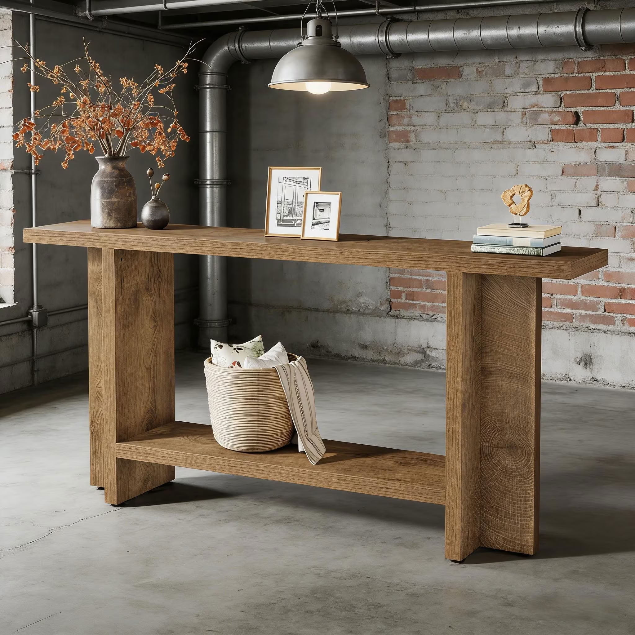 MAYEERTY 59" Farmhouse Console Table, Rustic Narrow Entryway Table with Double-Layer Storage Shelves, for Living Room, Hallway, Bedroom