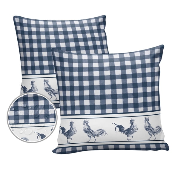 Pack of 2 Outdoor Pillow Covers, Farmhouse Chicken Retro Blue Watercolor Plaid Waterproof Square Throw Pillowcase Cushion Decorative Pillow Covers for Couch Patio Tent, 18x18 in