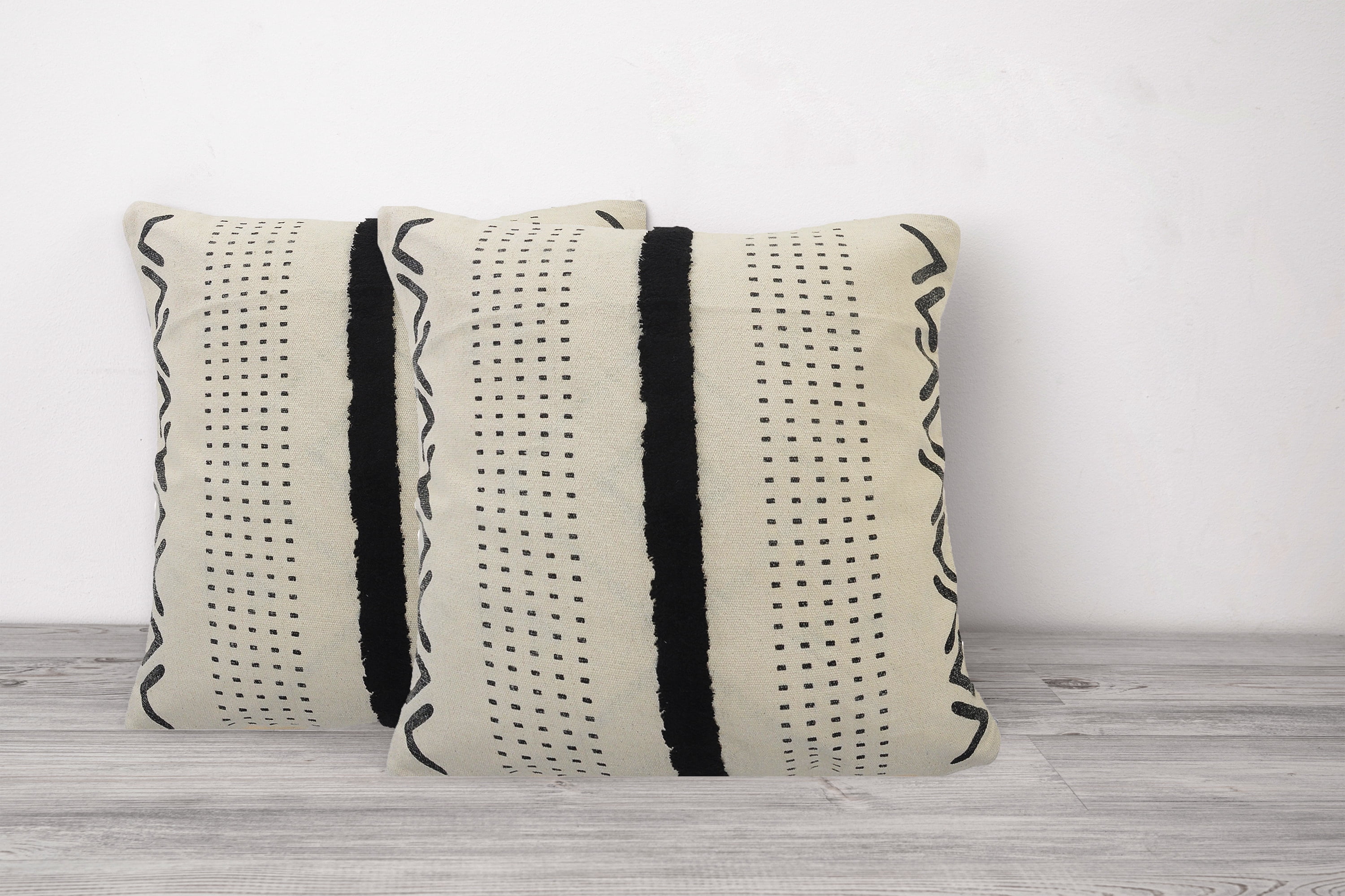 LR Home Alison Tribal Contemporary Cotton Throw Pillows, Natural/Black, 20" x 20", Set of 2