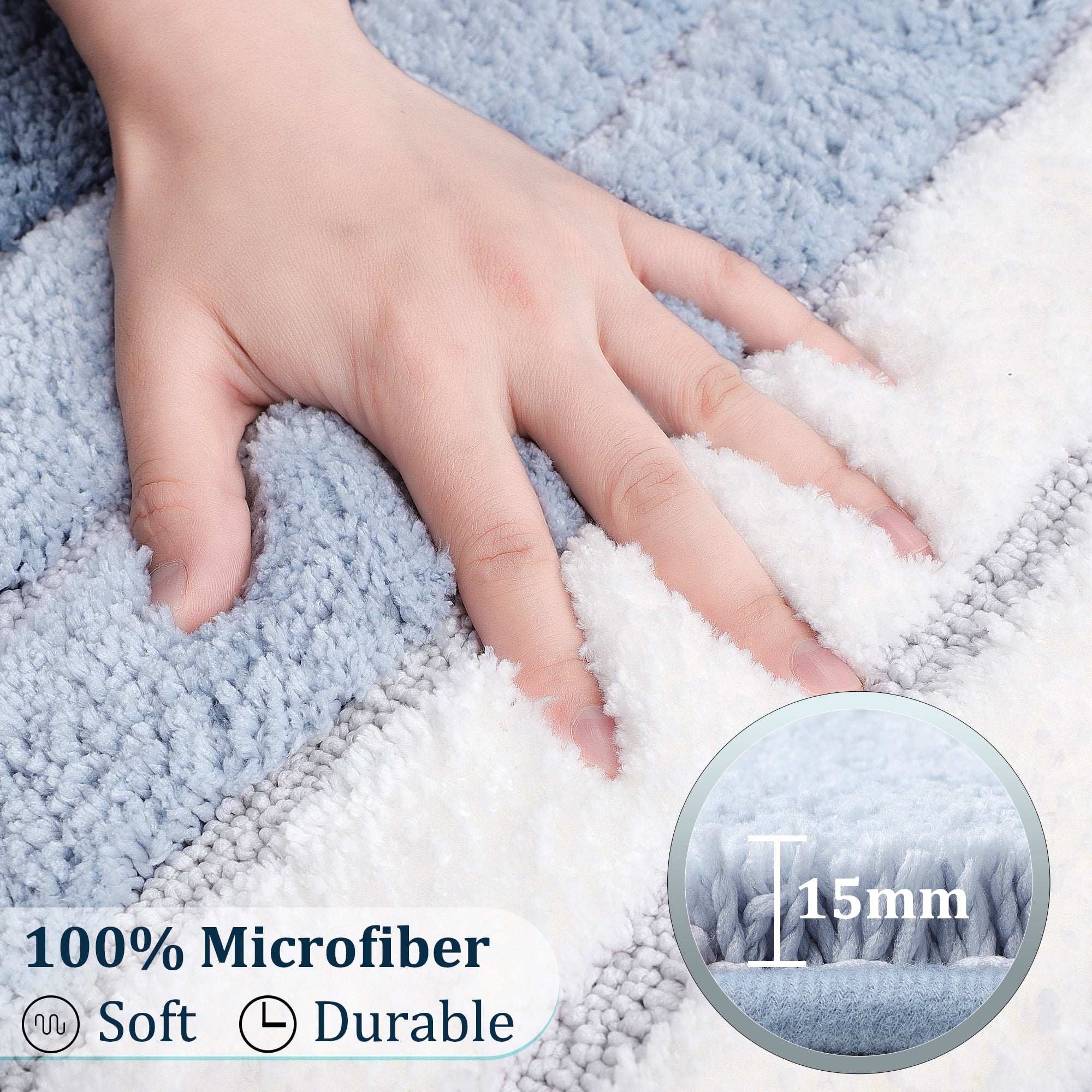 PiccoCasa Microfiber Striped Bathroom Rugs Non Slip Soft Blue 20"x31"
