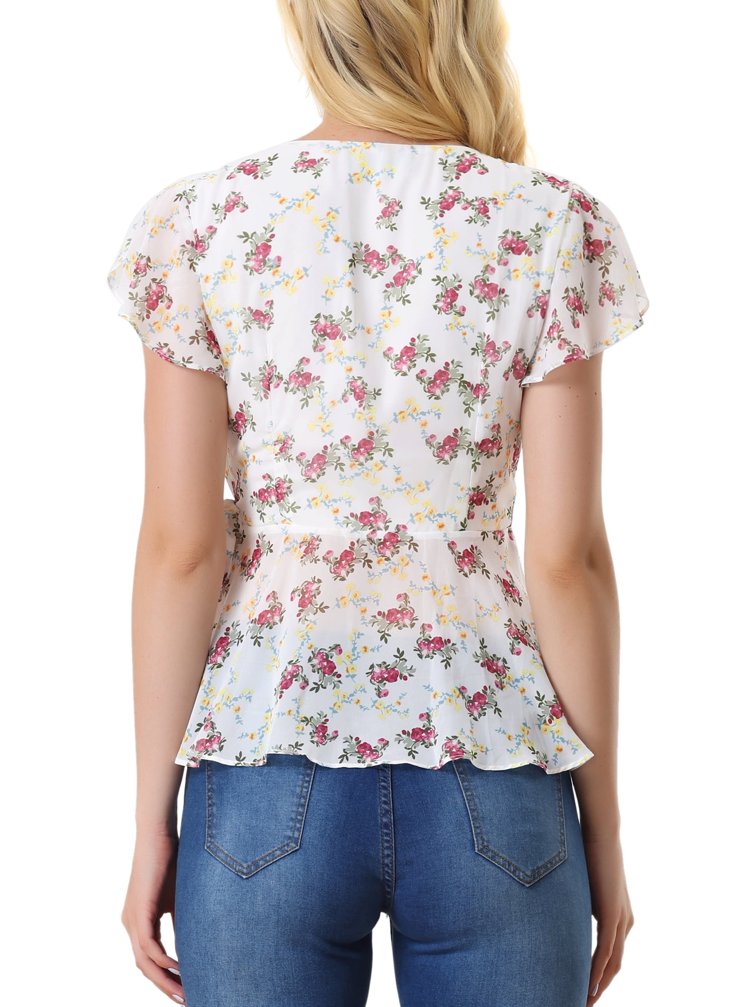 Unique Bargains Women's Floral Wrap V Neck Slit Sleeve Tie Waist Peplum Blouse
