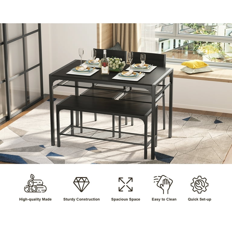 Dining Table Set with 2 Chairs and Bench for Kitchen with Storage Rack, Black Dining Table Set with 2 Chairs and Bench for Kitchen with Storage Rack, Black