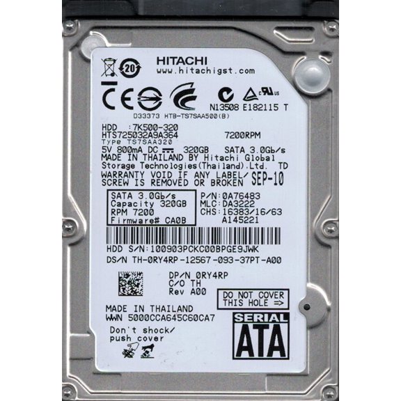 HTS725032A9A364 P/N: 0A76483 MLC: DA3222 Thailand Hitachi 320GB