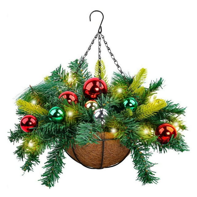 jesticaly Panier Suspendu de Fleurs Artificielles de Noël avec des Boules Rouges et Vertes Vibrantes Panier Suspendu de Noël H1-20
