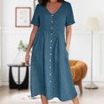 thumbnail image 1 of Vestido Vestido largo básico de lino y algodón con cuello en V para mujer estilo bohemio traje diario (azul cielo S) Kuymtek Cielo azul T S para Mujer, 1 of 7