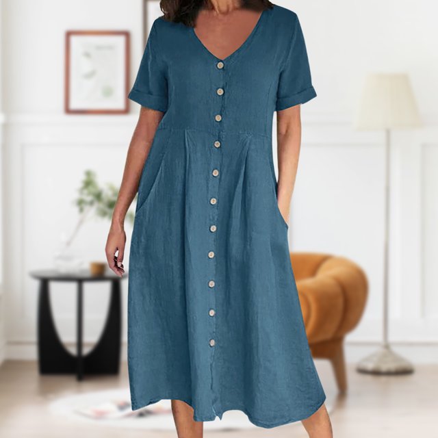 Vestido Vestido largo básico de lino y algodón con cuello en V para mujer estilo bohemio traje diario (azul cielo S) Kuymtek Cielo azul T S para Mujer