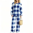 thumbnail image 6 of Two Piece Plaid Set for Women Long Sleeve Crew Neck Tops Wide Leg Pants Fall Winter Thicken Warm Soft Lounge Home Wear (M, Blue), 6 of 7
