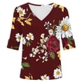 thumbnail image 7 of JTZGDY Puff Sleeve Tops for Women Cute Summer Floral Printed Short Sleeves Graphic T-Shirts Fashion V Neck Trendy Oversized Baggy Tunic Blouses A-Wine#01 M, 7 of 7