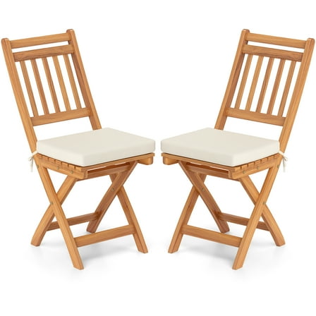 Gymax Folding Patio Chairs Set of 2 w/ Slatted Backrests & Soft Seat Cushions