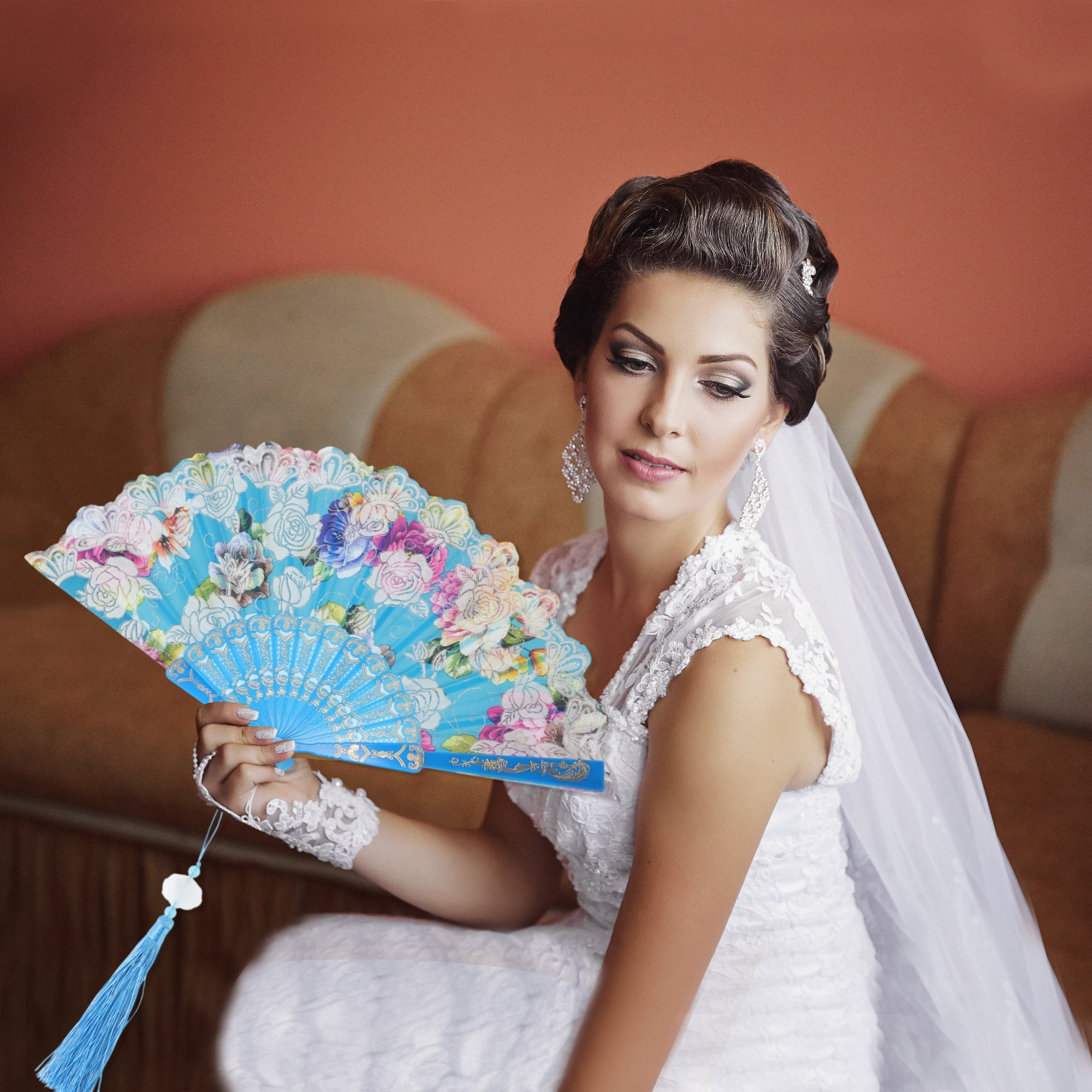 Unique Bargains Rose Print With Tassel Folding Fan 1 Pc For Summer Decorations Sky Blue