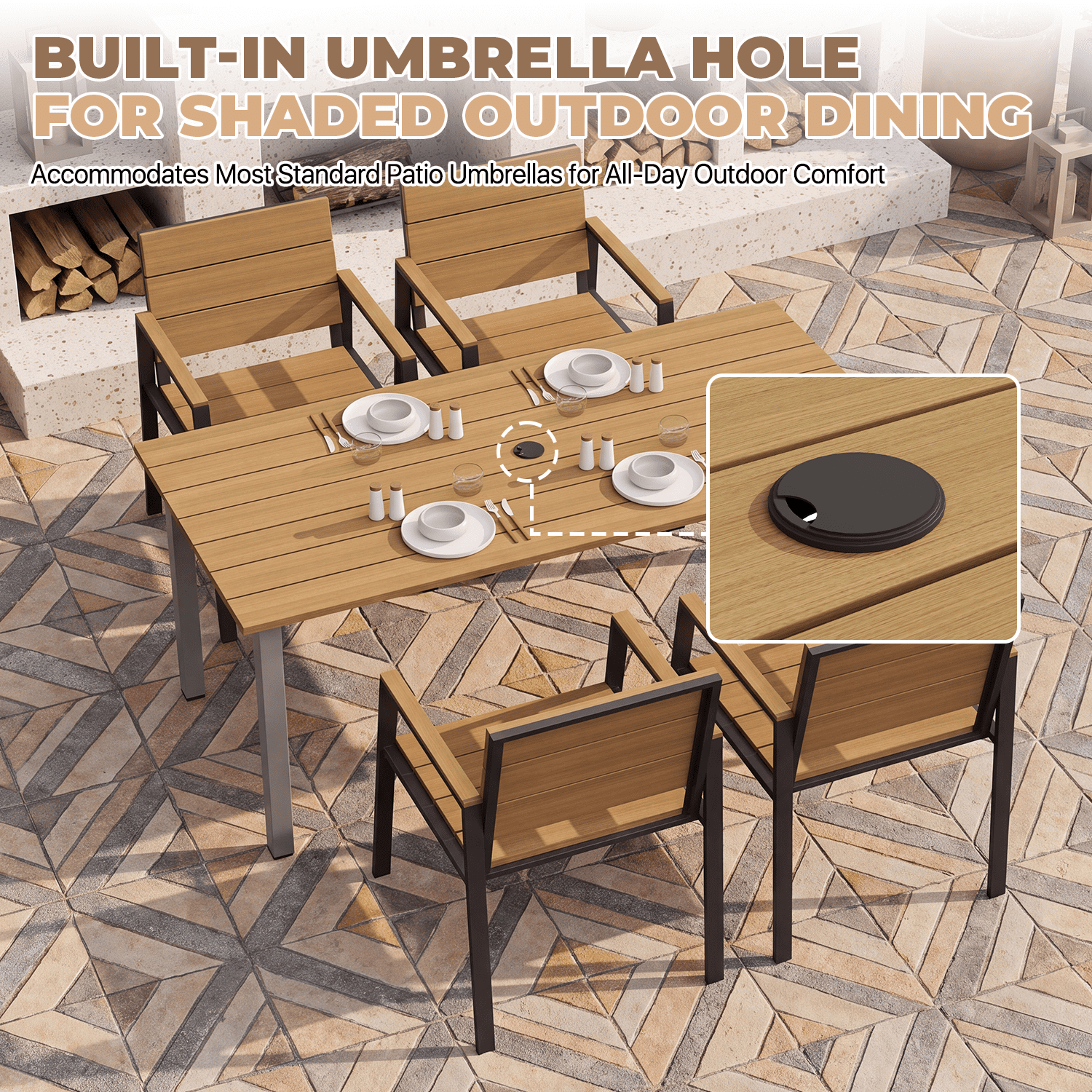 BaPiPro 5-Piece Outdoor Patio Dining Set for 4, Rust-Free HDPS Aluminum Patio Table and Chairs with Umbrella Hole, Heavy Duty All Weather Fade Resistant Maintenance Free Backyard Furniture, Yellow