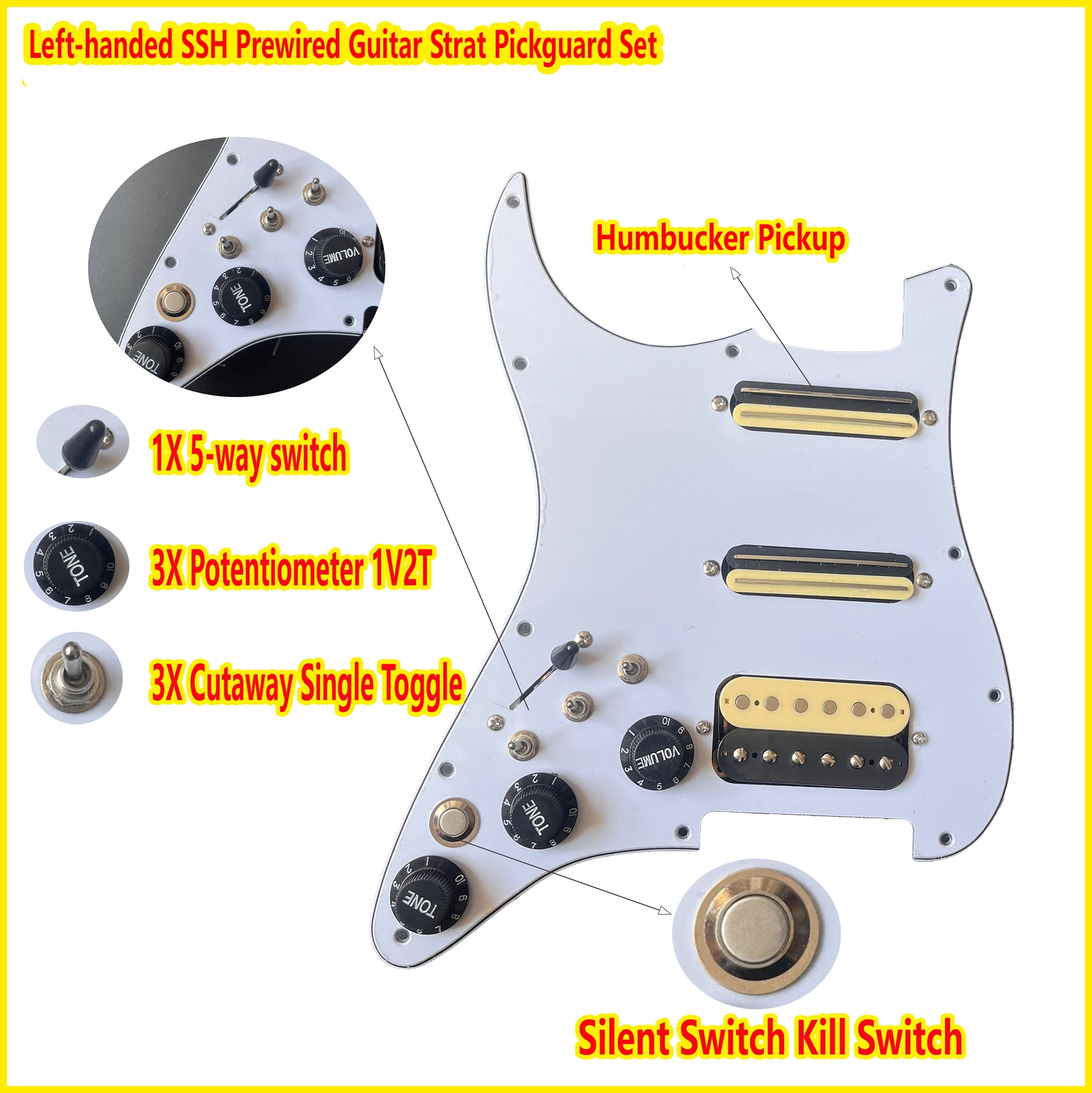 Left-handed SSH Prewired Guitar Strat Pickguard Set with Silent Switch Kill Swith Humbucker Pickups Coil Splitting Switch Multi Switch Harnesses Withe for Fender ST Electric Guitar Replacement Part