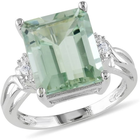 Tangelo 5-5/8 Carat T.G.W. Emerald-Cut Green Amethyst and White Topaz-Accent Sterling Silver Cocktail Ring