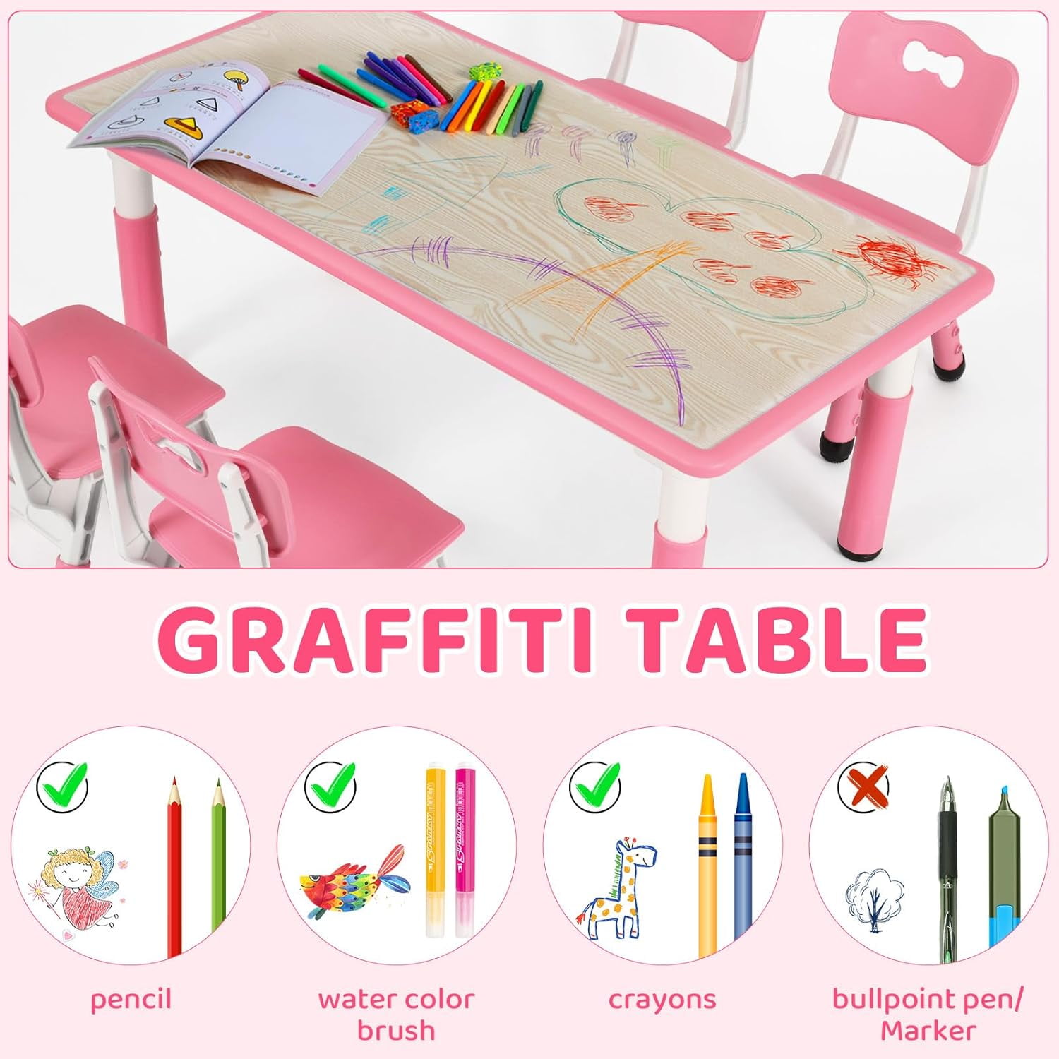 LAZY BUDDY Kids Table and 4 Chairs Set, Height Adjustable Toddler Table and Chairs Set, Graffiti Desktop, Max 300lbs, Children Multi-Activity Desk for Ages 2-8