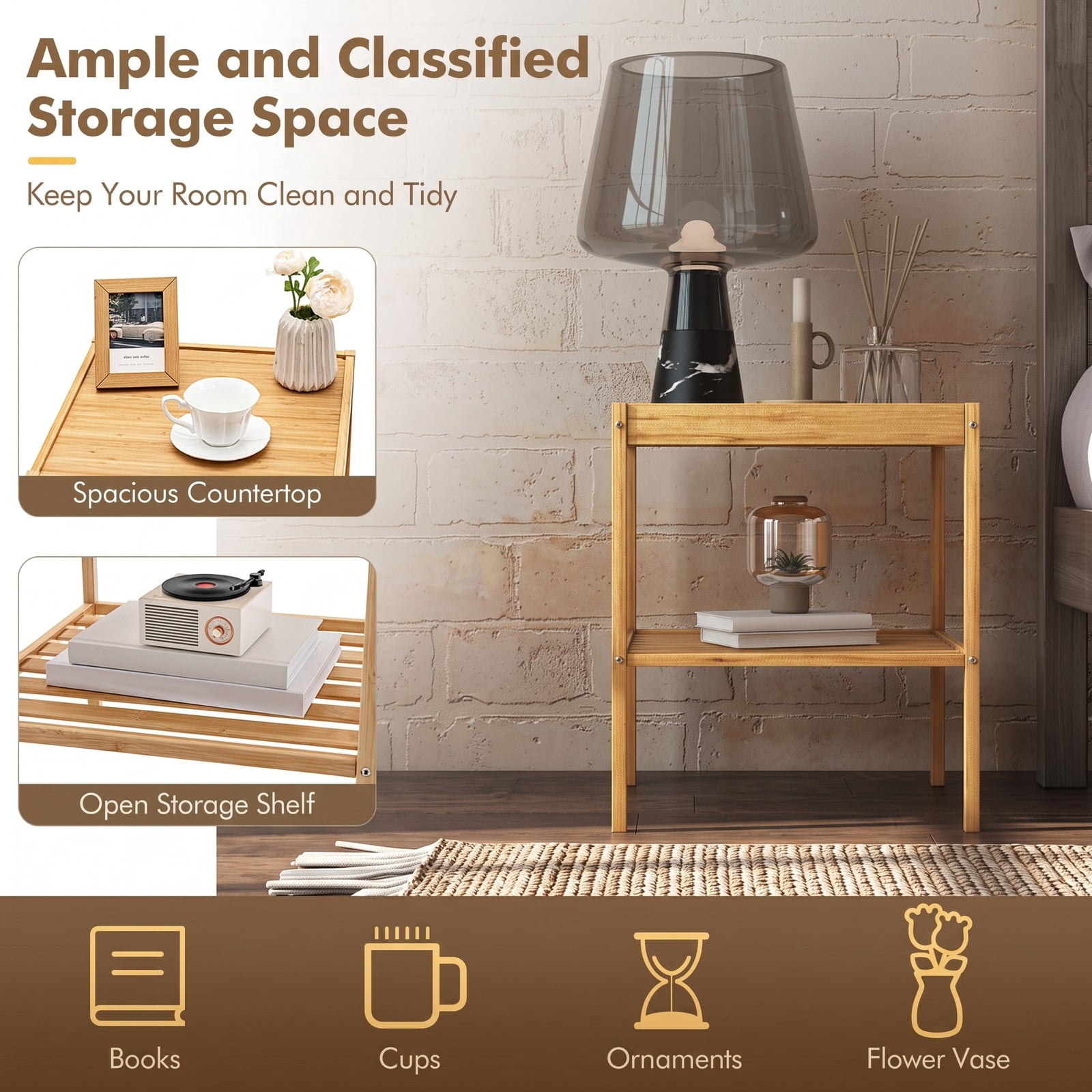Furnibear 2 Tier Bamboo Nightstand Set of 2 with Open Shelf and Solid Tabletop for Bedroom and Living Room, Wood End Table, Natural