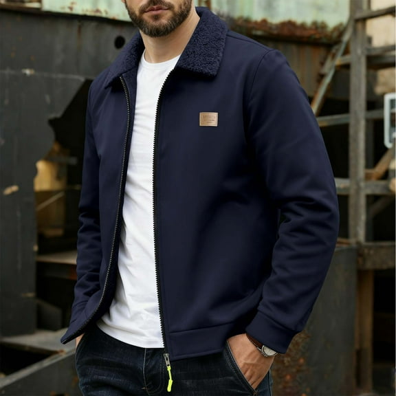 uublik Men's Winter Jacket Full Zip Lightweight Fleece Jacket Casual Soft Warm Coats with Pockets Navy