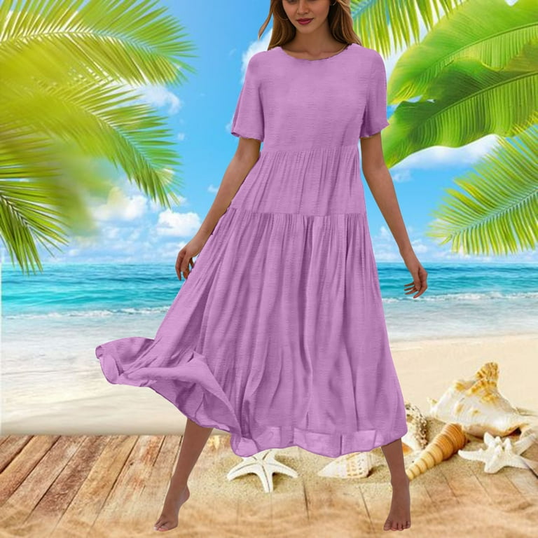 Kmdttou Women's Summer Flower Solid Color Casual Short Sleeve Crewneck Dress Casual Flowy Tiered Maxi Beach Dress,Chic Day Dresses for Ladies Summer Kmdttou Women's Summer Flower Solid Color Casual Short Sleeve Crewneck Dress Casual Flowy Tiered Maxi Beach Dress,Chic Day Dresses for Ladies Summer