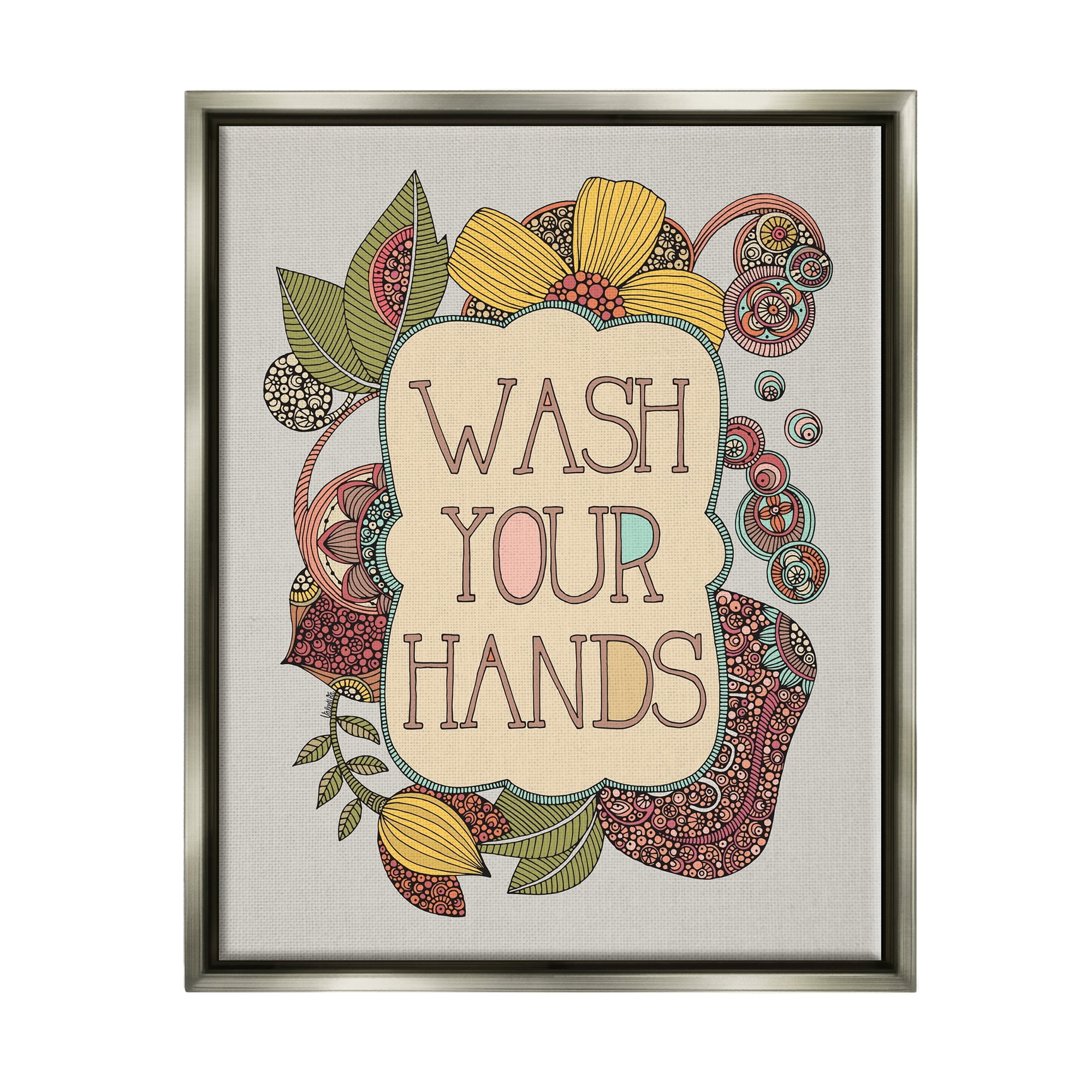 Stupell Industries Wash Your Hands Bathroom Sign Intricate Floral Details Graphic Art Luster Gray Floating Framed Canvas Print Wall Art, Design by Valentina Harper
