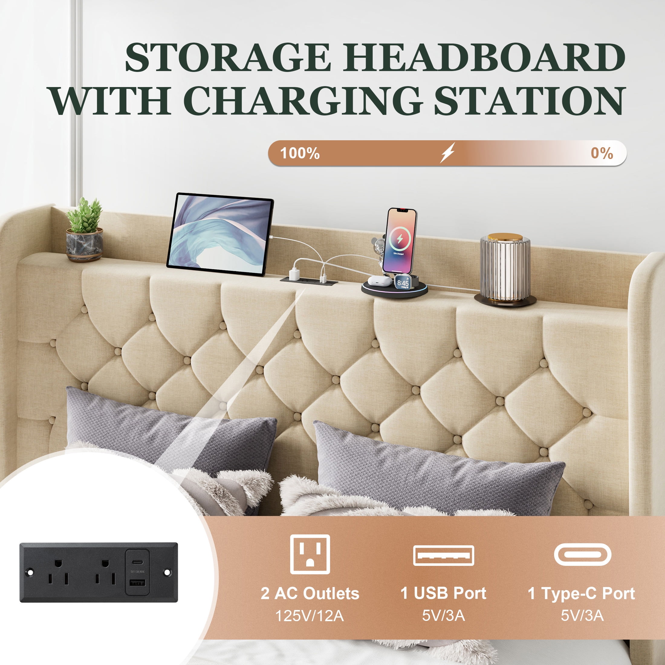 Einfach Full Bed Frame, Upholstered Platform Bed with Storage Wingback Headboard and Fast Charging Hub, No Box Spring Required, Beige