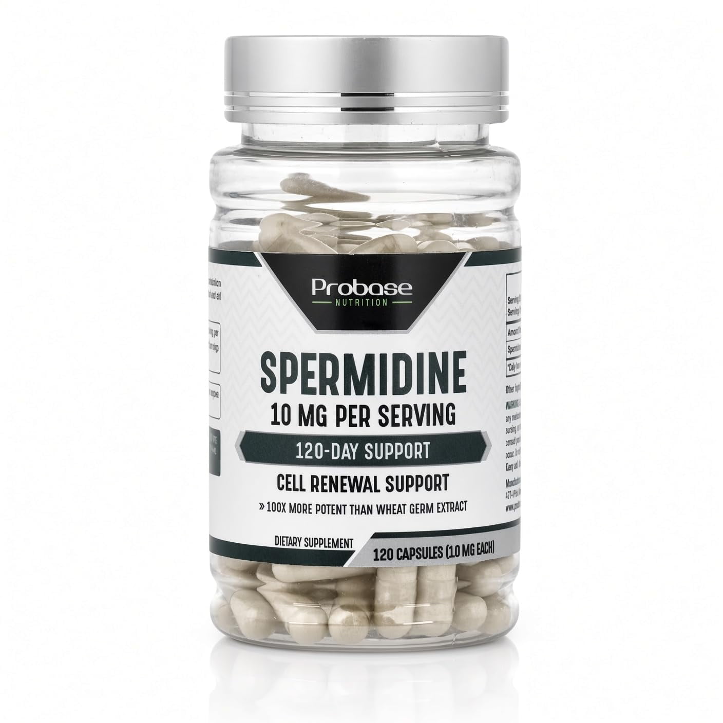 Probase Nutrition Spermidine (10mg of 99% Spermidine 3HCL - Third Party Tested) 120 Capsules - 100x More Potent Than Wheat Germ Extract, Telomere Health and Aging 120-Day Supply - As efficient as NMN