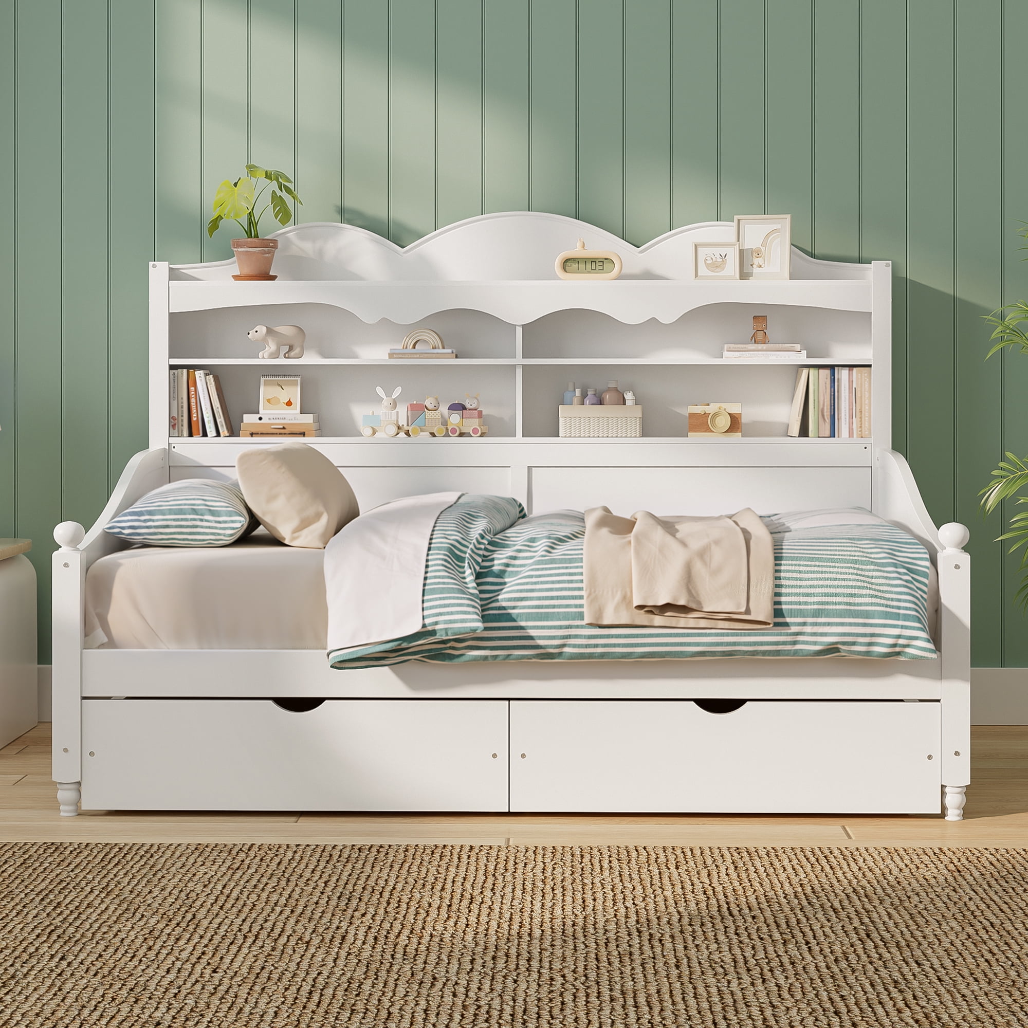 Euroco Wood Twin Size Daybed with Drawers, Captain Bed with Shelves, White