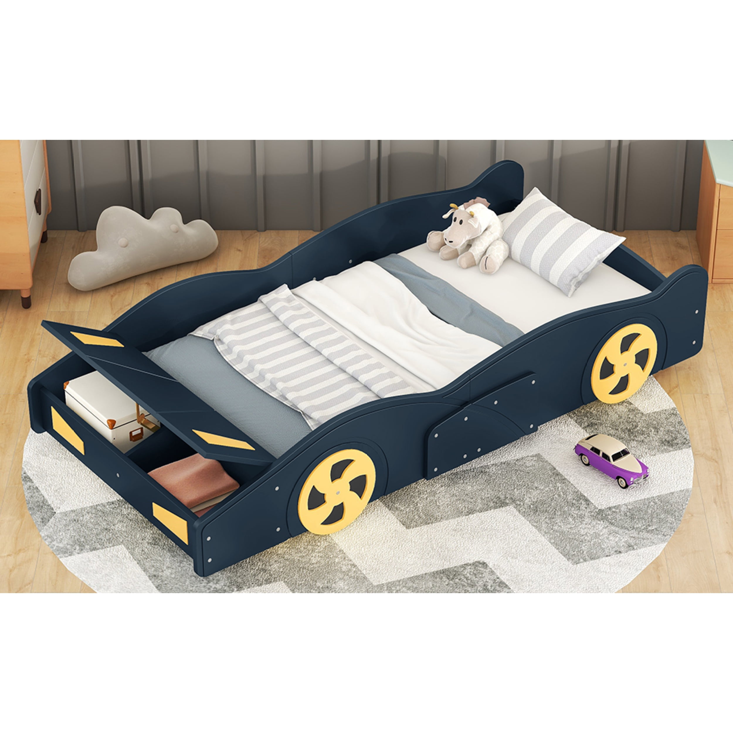 Twin Size Race Car-Shaped Platform Bed with Wheels and Storage, Dark Blue&Yellow 59AAC