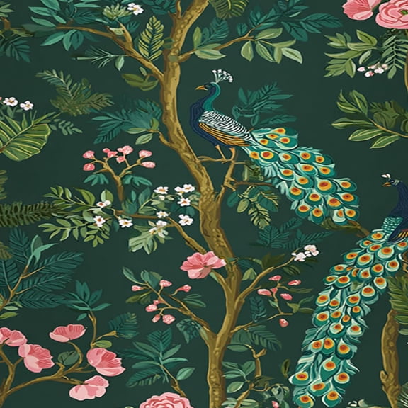 Peel and Stick Wallpaper 17.7in x 9.8ft Peacock Floral Vibrant Green vintage tropical botanical Contact Paper Vinyl Waterproof Self Adhesive Wall Paper for Bedroom Shelf Cabinet Renter Friendly