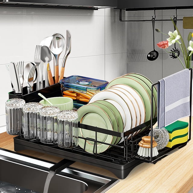 LOKOOY Escurridor de Trastes sobre Fregadero, de Acero Inoxidable, con Base de Drenaje Automático, Soportes para Tazas y Utensilios, Organizador de Cocina para Vasos Sostiene Utensilios (Ne