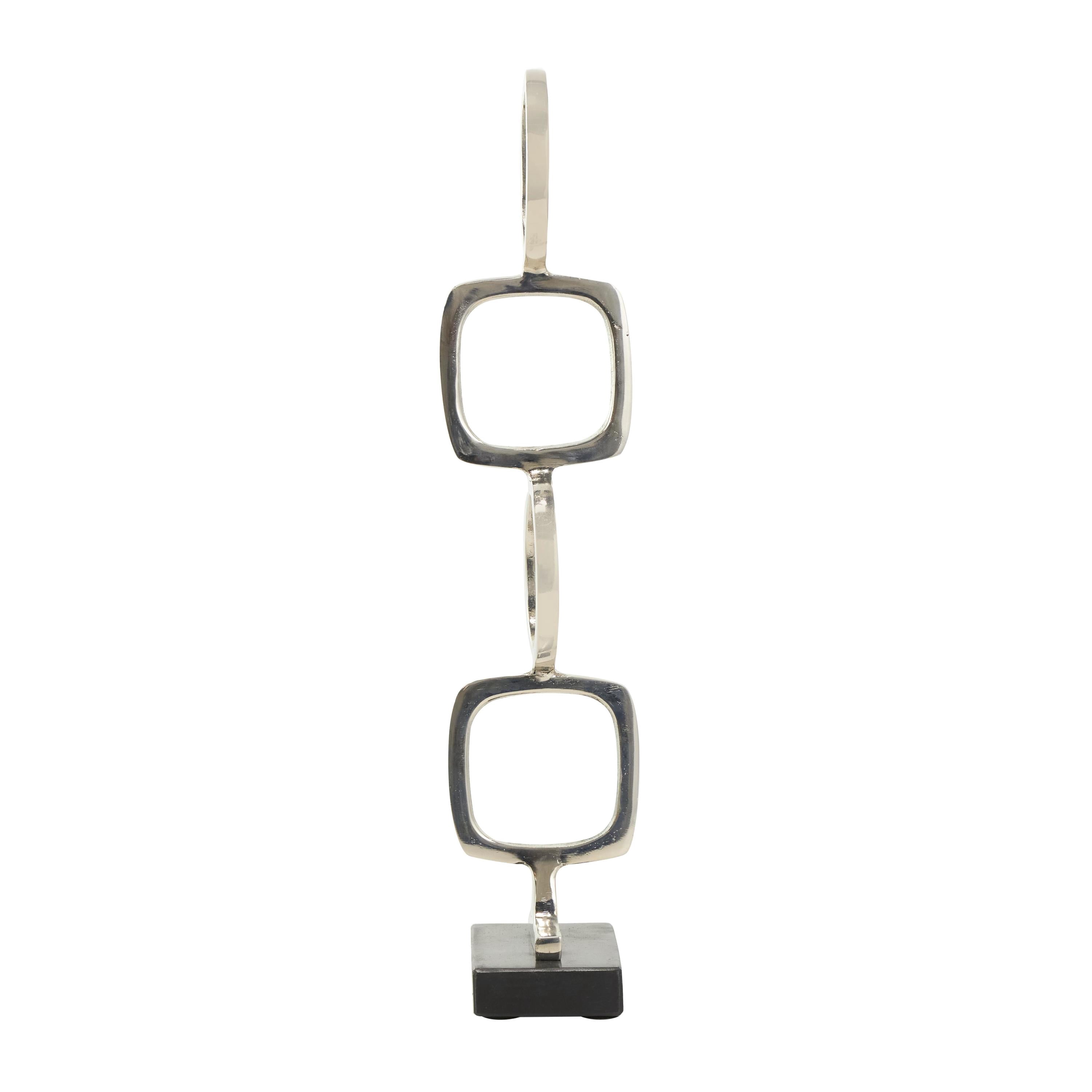 28", 19"H Silver Aluminum Metal Stacked Geometric Rings Abstract Sculpture with Black Marble Bases, by DecMode (2 Count)